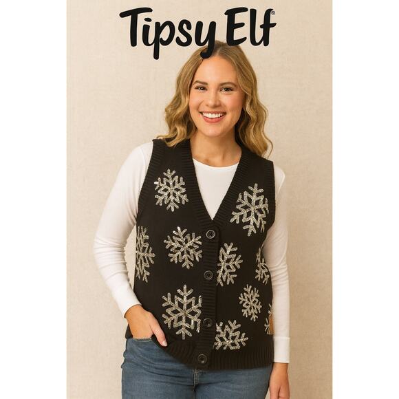 Tipsy Elves Black Sweater Vest w/Sequin Snowflakes - Picture 1 of 5